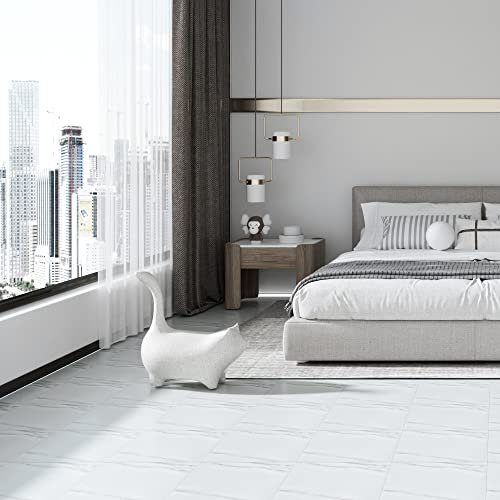 54PCS Vinyl Floor Tiles Square Tile Stone Tile Effect Self Adhesive DIY Kitchen Bathroom Easy to Fit,Cover 5m2(S88 White Marble)