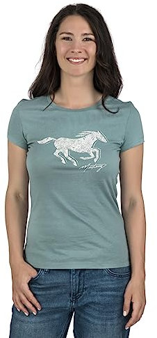 MUSTANG Damen T-Shirt Rundhals O-Neck Basic Slim Fit Kurzarm Logo Print Sommer Shirt 100% Baumwolle Weiß Blau Grün Rot S M L XL XXL, Größe:M, Farbe:Türkis (1014029-6236)