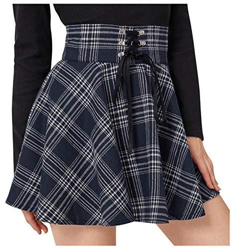 Women’s Mini Pleated Chequered Skirt High Waist A-Line Gothic Plaid Skirt Lace Up Flare Short Dress