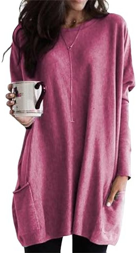 EFOFEI Femme Robe Chemise Imprimée à Manches Longues Pull Chaud à Manches Longues d'hiver Chemise à Pull De Couleur Unie Rose Rouge 3XL
