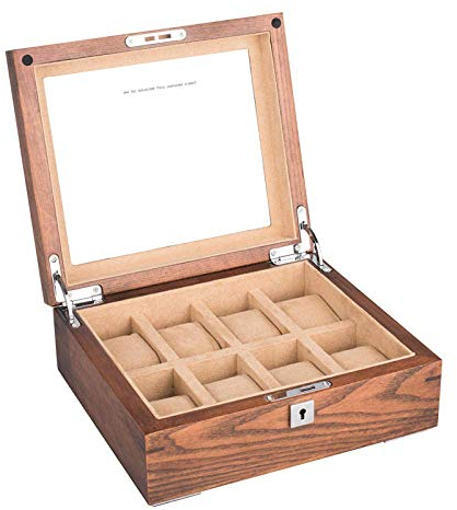 DERBUT Uhrenbox Schmuckschatullen Echtholz Glasdeckel Schiebedach 8 Slots Uhrenbox Armband Männer Frauen Geschenk Schmuck Display Aufbewahrungsbox