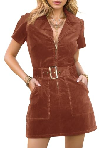 Damen Cord Minikleid Kurzarm Revers Reißverschluss Gürtel Cowgirl Kleider mit Taschen, Braun, Klein