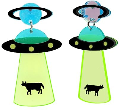 Soul-Cats Witzige Ufo Ohrringe Aliens beamen Kuh Saturn in neonfarben