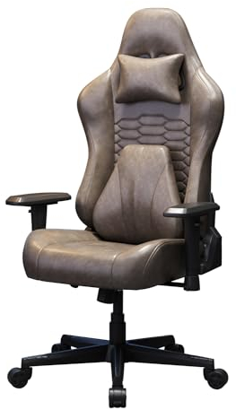 lbvuer Gaming Stuhl Ergonomischer Vintage Leder Bürostuhl Verstellbare Armlehne Rücken Gaming Stuhl mit Kopfstütze und Lendenwirbelstütze (Braun)