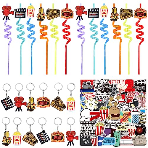 Movie Night Party Favors, 12 Pack Movie Night Keychains, Movie Night Crazy Strohhalme und Aufkleber für Movie Theme Geburtstag Party Dekorationen Party Supplies Crazy Birthday Party Favors