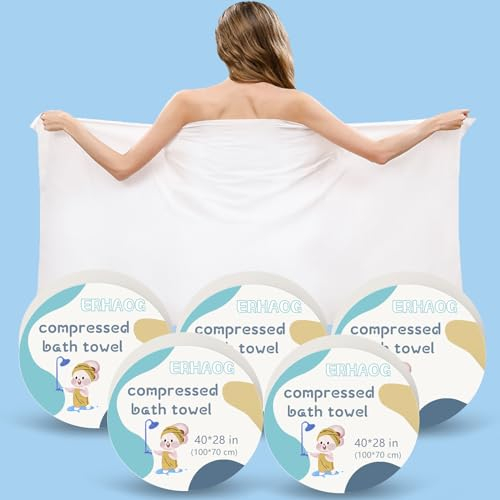 ERHAOG Komprimierte HandtüCher Tabletten 5 Stücke - 100 * 70 cm Komprimiertes Badetuch Einweg Waschlappen Reise Handtuch Einmalhandtücher Erfrischungstücher für Erwachsene Wandern Küche Zuhause