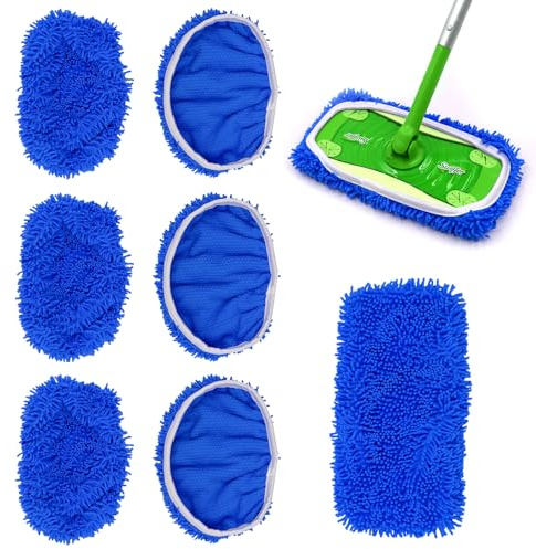 CONNECTION Wiederverwendbar Feuchte Bodenwischer,Tücher für Swiffer Sweeper Mop Bodentücher,Abnehmbare und Waschbare Mikrofaser Wischmopp Bezug,Nass und Trockengebrauch für Alle Kehrhaus(Blau 6 Stück)