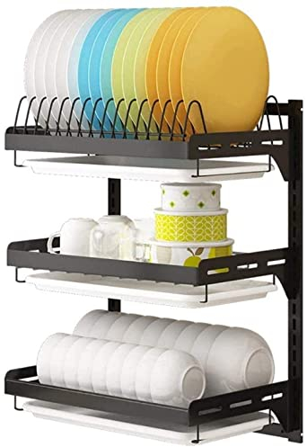 PINZHEN Estante para secar Platos, Estante para Platos Chapado de 3 Niveles, escurridor de Platos de Acero Inoxidable, Bandeja con Drenaje para Cocina, Estante de Drenaje montado en la Pared