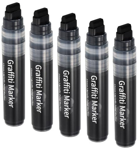 PATIKIL 5 Pcs Graffiti Markers, 15mm Black Poster Markers Thick Acrylic Paint Markers Pen Big Permanent Markers Large for Rock Painting Stone Glass Wood Canvas Poster Sign Ceramic