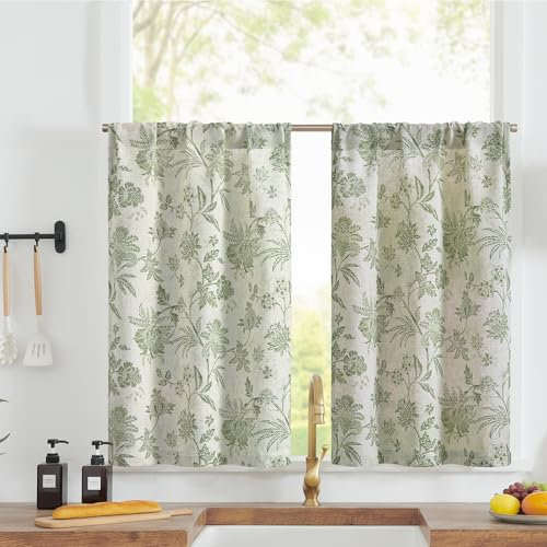 TOPICK Leinen Scheibengardinen 2er Set H90xB65(cm) Blumen Küchenvorhänge Kurz Bedrucktem landhausstil Bistrogardine Halbtransparent Gardinen Fenster Vorhänge für Wohnzimmer Grün auf Beige