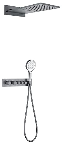 DSeenLeap Ducha de Lluvia termostática clásica Juego Combinado de Ducha Gris Juego de Grifo de Ducha de baño montado en la Pared con Cabezal de Ducha en Cascada, Ducha de Mano ABS, Caja integrada