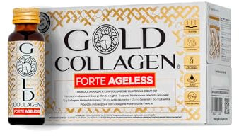 GOLD COLLAGEN Forte Ageless - Collagene Integratore Antirughe Antiossidante Riduce Linee Sottili con Biotina Crescita Capelli, Vitamina C, Collagene Marino con Acido Ialuronico Plumper, 10x50 ml