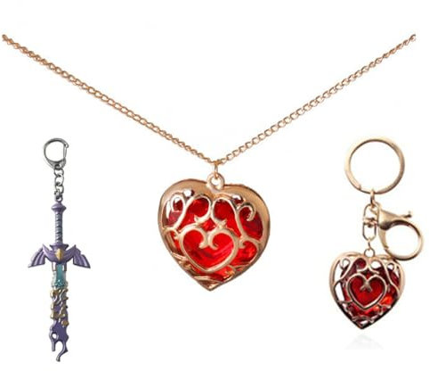 SUPTOFF Game Zelda Legend S81 Collier avec pendentif cœur rouge et blason Hylian Épée et Bouclier, Sheikah Slate Keychain Set Cosplay, Argenté., M