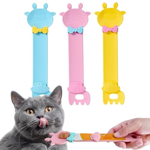 Mulomir 3 Stück Giraffenform Squeezable Leckerli Spenderlöffel, Löffel für Liquid Snack Katz, Katzenstreifen Quetschlöffel, Katzenfutter Löffel zum Haustiere Auspressen von Pürees und Snacks