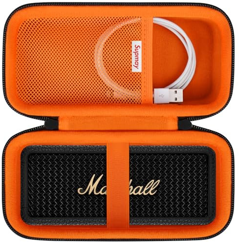 Supmay Hard Carrying Case for Marshall Emberton II/III Portable Bluetooth Speaker, Wireless Speaker Protection Case with Mesh Pocket for USB-C Charging Cable, Black+Orange