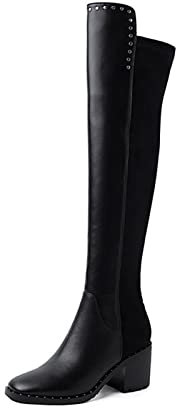 Stivali Moda da Donna Stivali Alti con Tacco Medio e Rivetti 7 cm Stivali sopra Il Ginocchio Stivali Elasticizzati Stivali da Pole Dance alla Moda