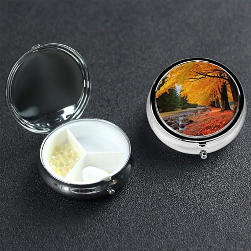 Kleine Pillendose mit 3 Fächern, Herbstfarben, aus Metall, tragbar, für Tasche, Geldbörse, Reisen, Pillendose mit Spiegel, rund, Medizin, Vitaminhalter, einzigartiges Geschenk