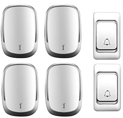 WOTZOV IP44 Waterproof Wireless Doorbell, Home Ultra Long Distance Door Chime Kit,2 Push Button+4 Receivers,36 Ringtones,4 Volume Level,Black,White