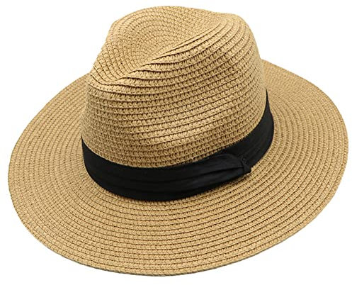 Inlefen Women's Panama Hat, Foldable Roll up Floppy Straw Hat for Men and Women, UPF50 + Summer Beach Sun Cap with Large Brim Khaki