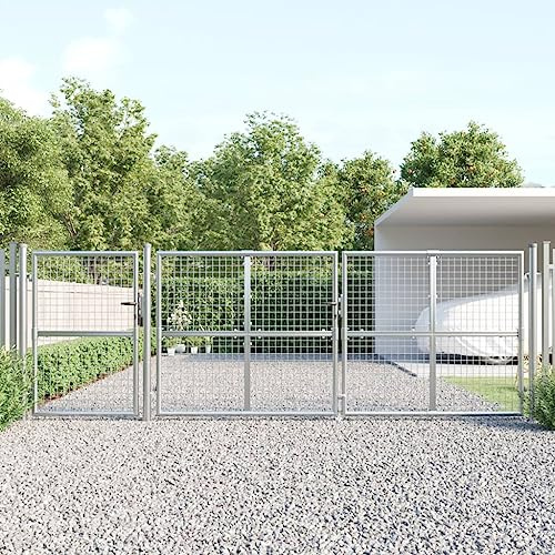 Cozynest Mesh-Gartentor Silbern 400x175 cm Verzinkter Stahl Mesh Abschließbare Gartentür Hoftür mit Riegel, Gartenpforte Doppelflügel Tor, Zauntor Zauntür