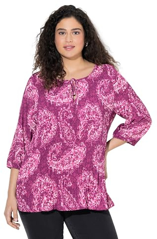 Ulla Popken Damen Plissee-Bluse, Paisley, Rundhals, 3/4-arm, Doppellagig Blusen