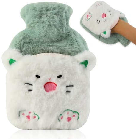 Lvjkes Wärmflasche, 500ML Wärmflasche kinder mit bezug, Süß plüSch wärmflaschen tier, Zur Reinigung Abnehmbar, Explosionsgeschützt und auslaufsicher, für Kinder und Erwachsene (Katze)