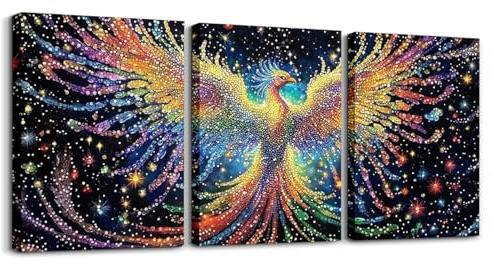 Homewish Bild Auf Leinwand Phönix Wandbilder Wohnzimmer Bunte Vogel Wall Art Kunstdruck Farbverlauf Batikfärbung Boho Bilder Schlafzimmer Magische Tier Poster für Schlafzimmer Büro Flur 40x30cmx3Pcs