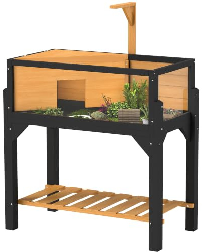PawHut Wooden Tortoise House with Storage Shelf, Tortoise Enclosure, Yellow | Habitat with Clear Windows, Lamp Holder, Openable Top, Built-in Tray, for Indoor Use