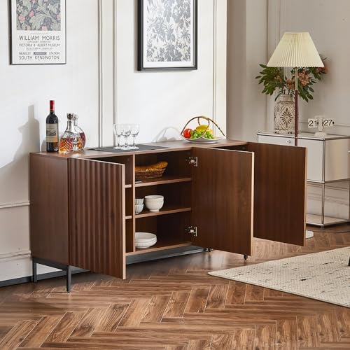 TIZZ Sideboard, Eiche dunkel gemasert, 3 Türen, welliges 3D-Design, verstellbare Einlegeböden, Kippsicherung, stilvolle Aufbewahrung für Wohnzimmer, Esszimmer, Büro,150x40x80cm