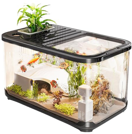Aquarium Starter Set Mit Belüftungsöffnungen | Aquarium Fischbecken - Schildkrötenbecken Mit Rampe Für Süßwasser Salzwasser Pflanzen Deko