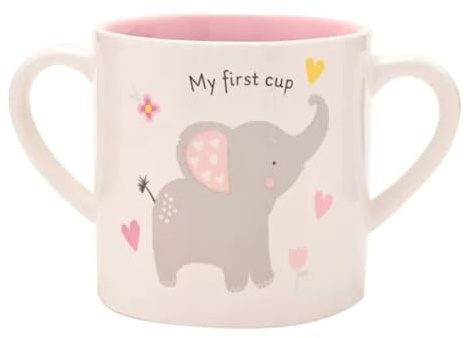 Widdop & Co Ceramic Baby Mug - First Cup Keepsake Gift for Baby Girls & Newborns - Elephant Design - Toddler Drinking Cup with Double Handles