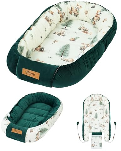 Flumi Babynest Kokon Baby Kuschelnest wendbar aus Baumwolle und Velvet, OEKO-TEX, personalisierbar mit Namen, für Neugeborene (grüne Tiere)