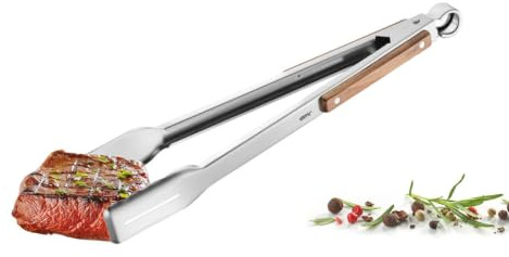 GEFU Grillzange SERINO - Edelstahl BBQ-Zange mit Walnussholz, 42,5 cm | Präzise Fleischzange mit flacher Vorderkante, Fettablaufschlitz, Verriegelung und praktischer Aufhängeöse für den Grill