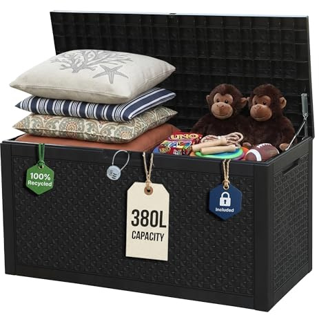 Olsen & Smith 380L Recycled Rattan-Effect Garden Storage Box & Bench | 100% Recycled, With Padlock, 225kg Sit-On, Gas-Assist Hinges, Waterproof, Dark Anthracite Rattan, Cushions Tools & Toys