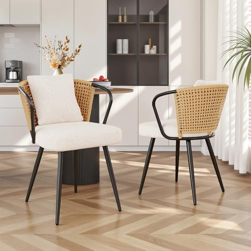 Fijinhom Rattan Esszimmerstühle 2er Set Teddy Stoff Kissen Naturholzfarbe | Küchenstuhl mit Metallbeinen, Stühle Esszimmer Sitzfläche aus Teddy Stoff, Polsterstuhl für Esszimmer,Restaurant,Balkon