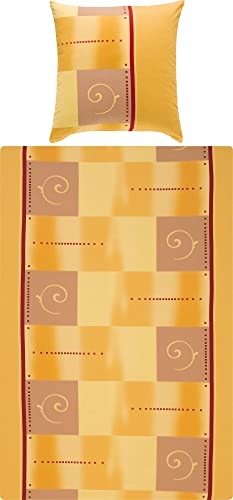 Erwin Müller Bettwäsche, Bettgarnitur Flanell Ocker-gelb-rot Ocker-gelb-rot Größe 80x80 cm / 135x200 cm - 100% Baumwolle, mollig warm, bügelleicht, mit Reißverschluss (weitere Größen)
