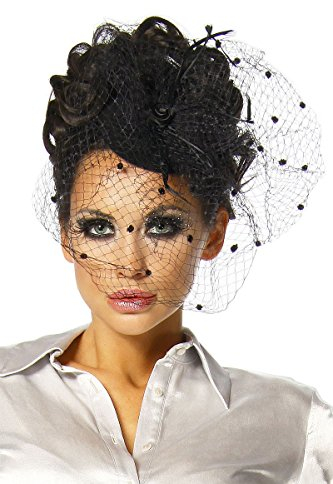 Haarschmuck mit Schleier für Kostüm Karneval Fasching oder Burlesque - an der Innenseite der Kappe mit 2 Haarklammern zu befestigen - Mini-Hut Fascinator A12145, Größe:onesize;Farbe:schwarz