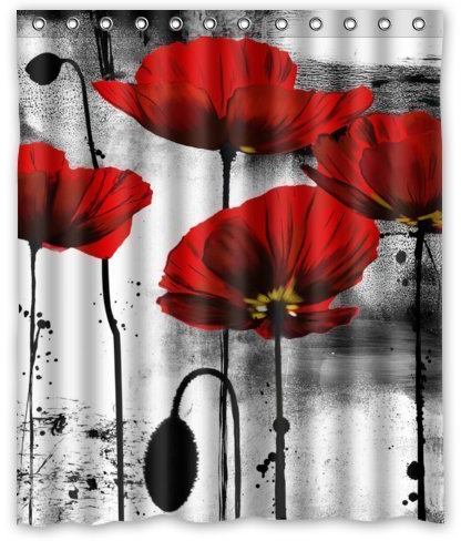 PETGOOD Duschvorhang Schöne Weinlese-rote Mohnblumen-Blumen-Tinten-Malerei-Kunst-Entwurf viele schöne Duschvorhänge zur Auswahl, hochwertige Qualität, Wasserdicht, Anti-Schimmel-Effekt 180 x 200 cm