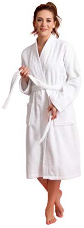 Soft Touch Linen Bademantel Damen Weich Saugfähig Frottee Kimono Lang Bademantel 100% Türkische Baumwolle - Wei - XX-Large