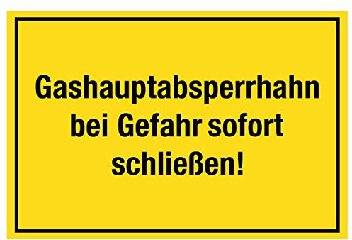 WANDKINGS Hinweisaufkleber für den Innen- und Außenbereich - Gashauptabsperrhahn bei Gefahr sofort schließen! - 20x15 cm - Aufkleber ohne Schild
