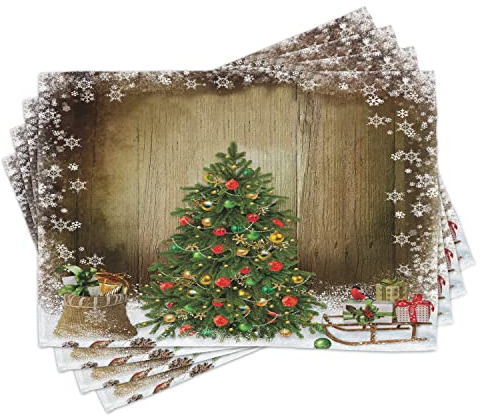 ABAKUHAUS Weihnachten Platzmatten, Pine Tree Presents, Waschbare Stoff Esszimmer Küche Tischdekorations Digitaldruck, Braun Grün