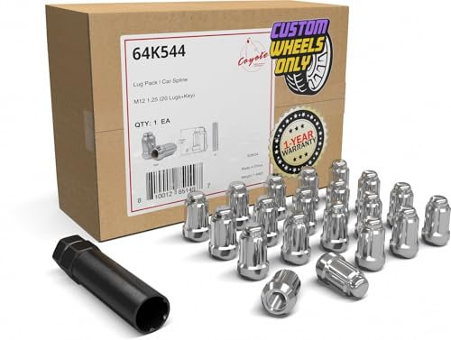 Wheel Accessories Parts Set of 20 Chrome 12x1.25 Lug Nuts 1.38 Long for Car Closed End Bulge Acorn Spline Lug Nuts Cone Seat Locking with Key (M12 x 1.25, Chrome)