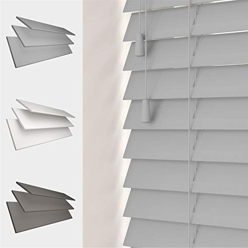 FAUX WOOD GRAIN VENETIAN BLINDS 50MM SLATS TRIMMABLE EASY FIT OFFICE HOME [Light Grey, 135cm Width x 120cm Drop, String]