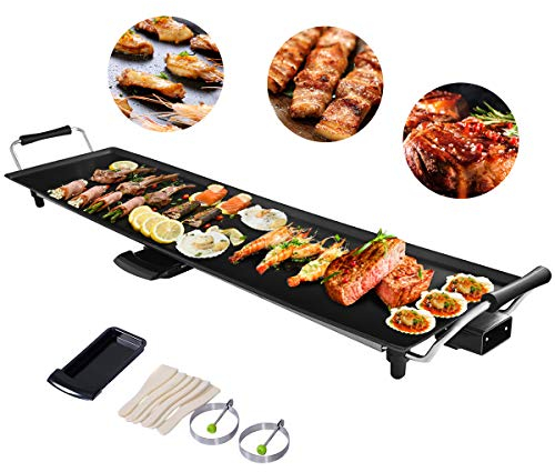 COSTWAY Teppanyaki Grill 90x23cm, Elektrische Grillplatte 1800W, Elektrogrill mit Antihaftbeschichtung, 6 Holzspateln und Antihaft-Eierring, Tischgrill Temperatur verstellbar