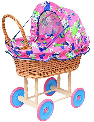 Puppenwagen aus Weide Holz Weidenwagen Kinderwagen Weidenpuppenwagen Verschieden Motive (ROSA | mit Teddybären)