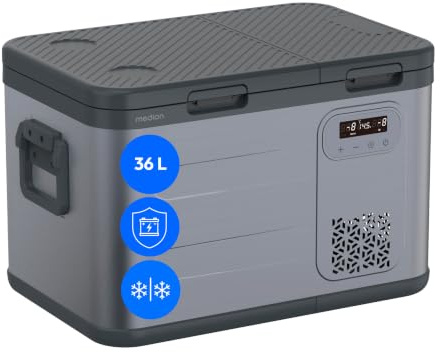 MEDION mobile elektrische Kompressor Kühlbox (36L Kapazität, Duale Kühlzonen, 12V 24V 230V, KFZ Adapter, für Auto LKW Wohnwagen Camping Boot Garten Festival, Aluminium Design, MD370026)