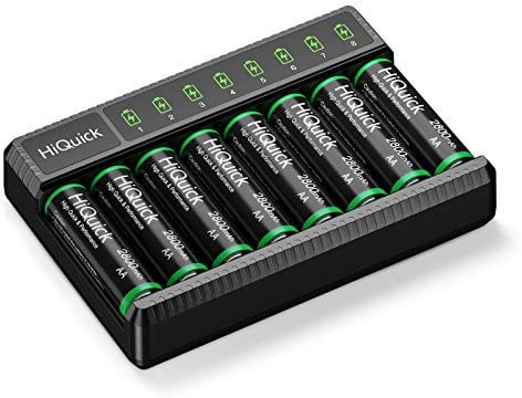 HiQuick 8 x AA Rechargeable Batteries with AA AAA Battery Charger, 8-Bay LED Battery Charger with 8 Counts AA 2800mAh Rechargeable Batteries, Rechargeable Batteries and Battery Charger Combo