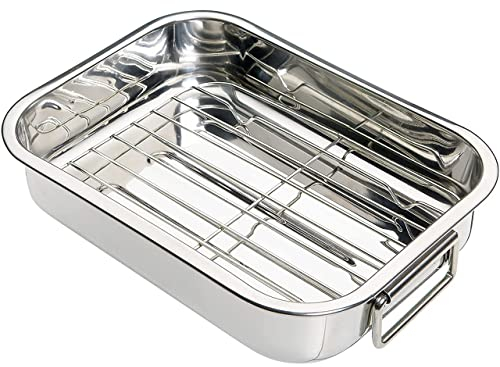 SDMAX Stainless Steel Oven Roasting Tin with Rack, Folding Side Handles, Baking Roaster Grill Rack, Roaster Set, Oven Grill Tray (X Large 42x30.5x6cm)