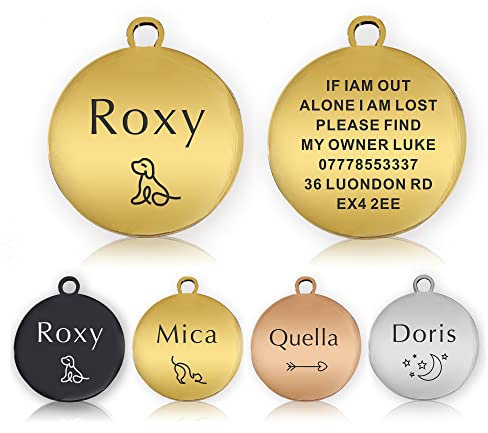 EDSG ID Tag Small Large Personalised ID Tag for Pet Dog Doggy Cat Kitten Kitty Puppy Engraved Dog ID Tag (Gold Round)