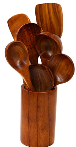 Kadum Küchenutensilien Set aus Holz | Küchenhelfer 8-teilig Komplettset | antihaftbeschichtetes Kochgeschirr Löffel Pfannenwender Sieblöffel aus Teakholz | langlebige Holzutensilien Aufbewahrungsbox